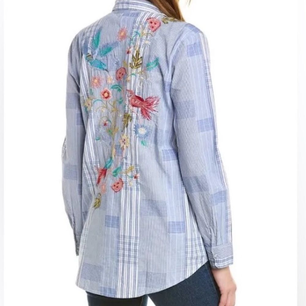 Johnny Was Zanzibar Button Down Shirt Floral Bird Embroidery Plaid Snaps Size XS - Picture 6 of 15